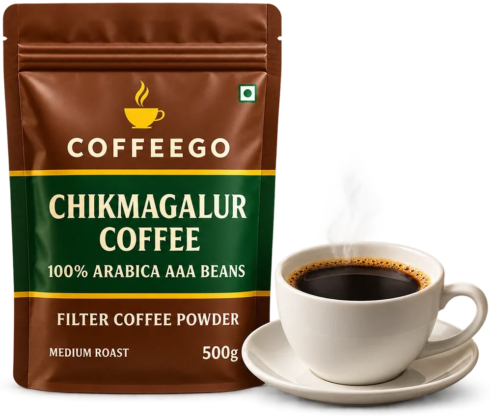 CoffeeGo Chikmagalur Coffee filter coffee powder pouch with a cup of black coffee
