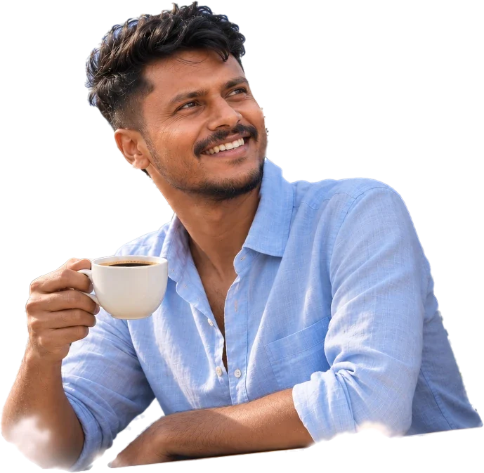CoffeeGo's founder leans out of an ivory Ambassador, smiling, with a cup of black filter coffee