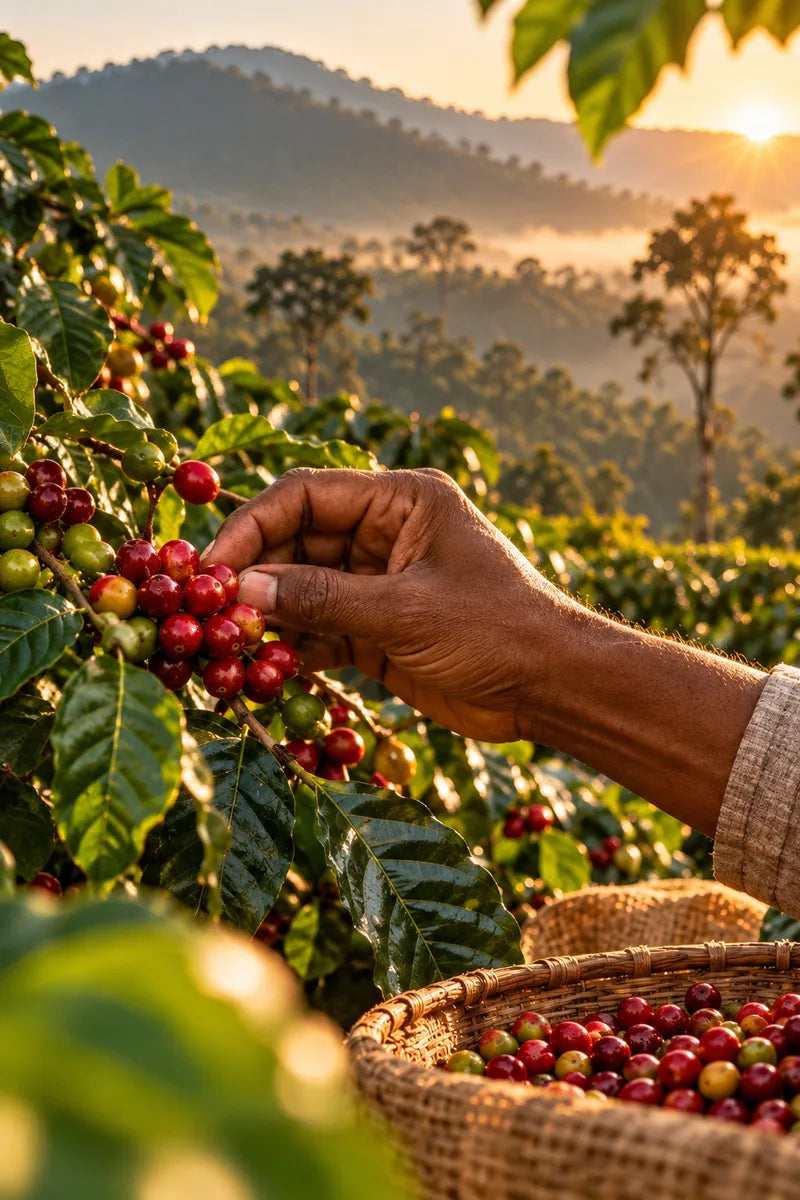 A picker choosing only the ripe red coffee cherries, by hand