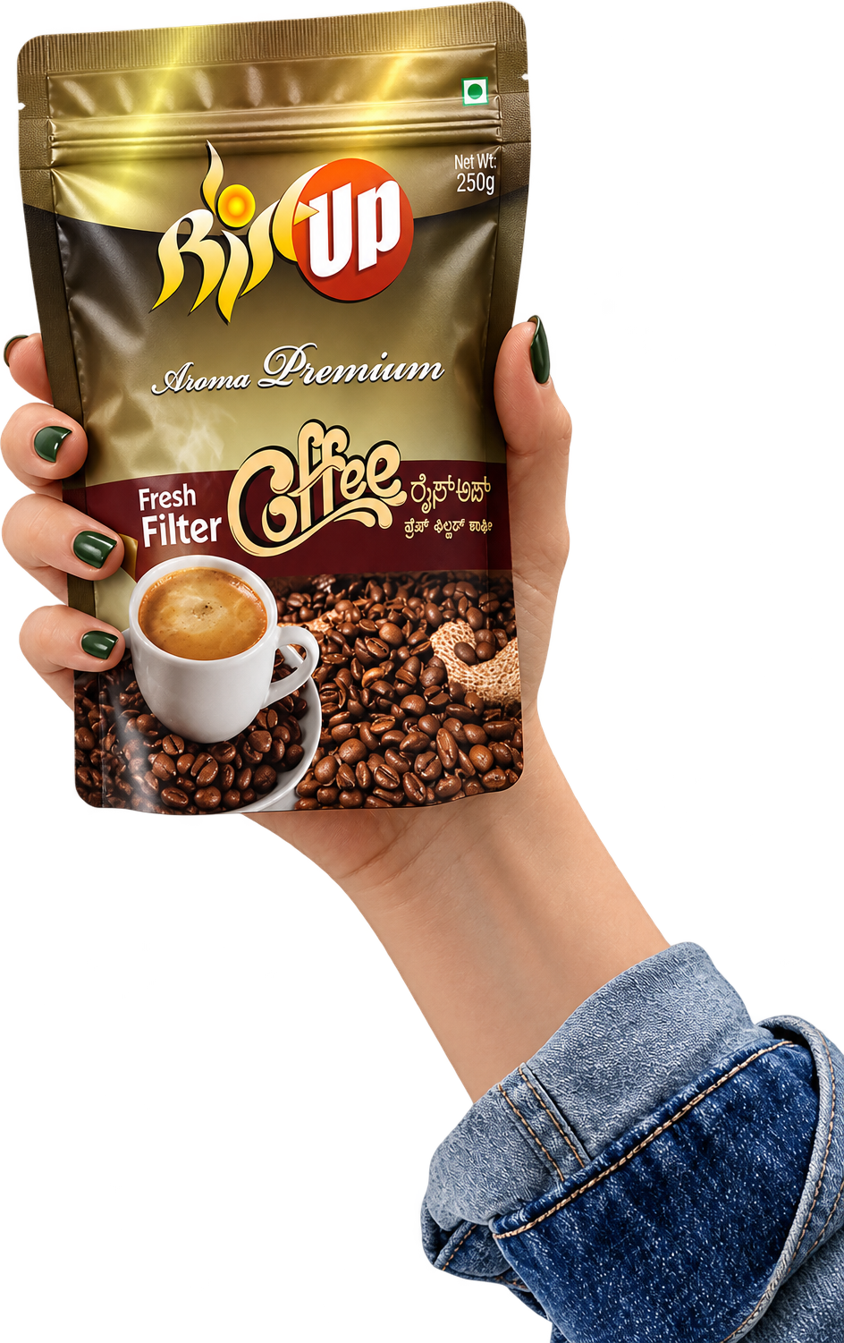 A hand holding the coffee